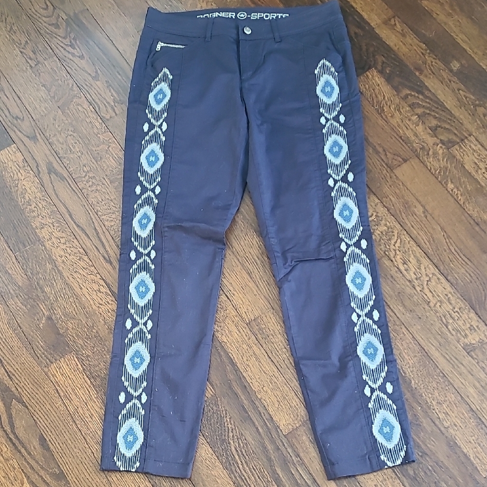 Bogner Navy Casual Pants with White and Blue Embroided Pattern